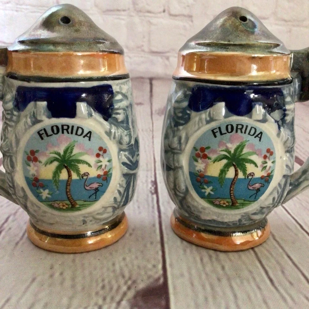 Vintage Ceramic Florida Stein Souvenir Salt and Pepper Shaker Pair